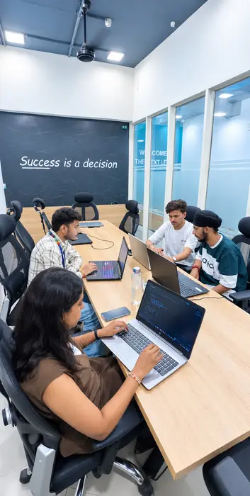 A small group coding in the “Success is a decision” room